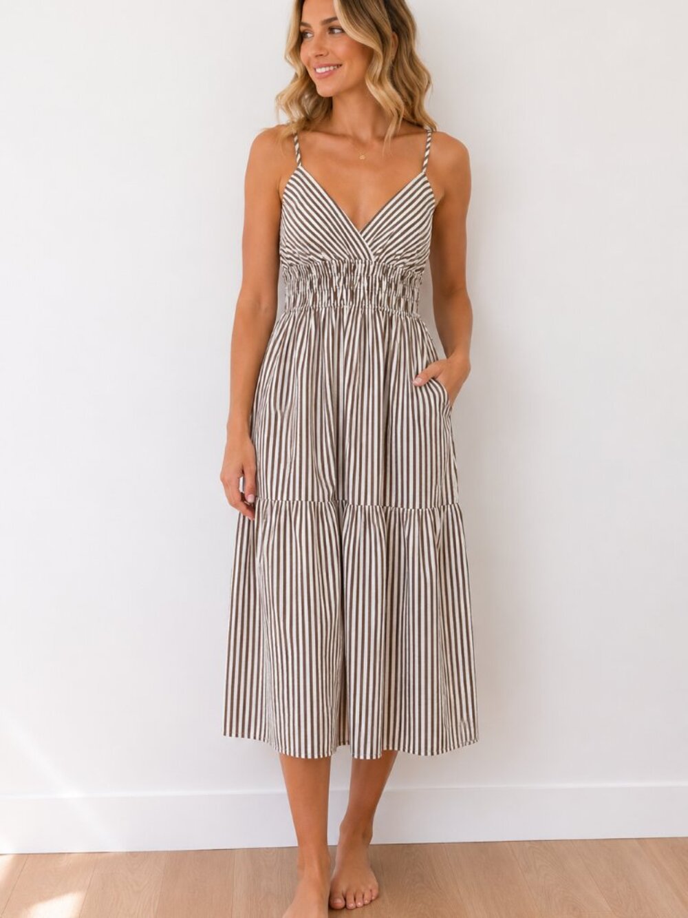 Striped Brown and White Maxi Dress with Smocked Waist - NWOT
